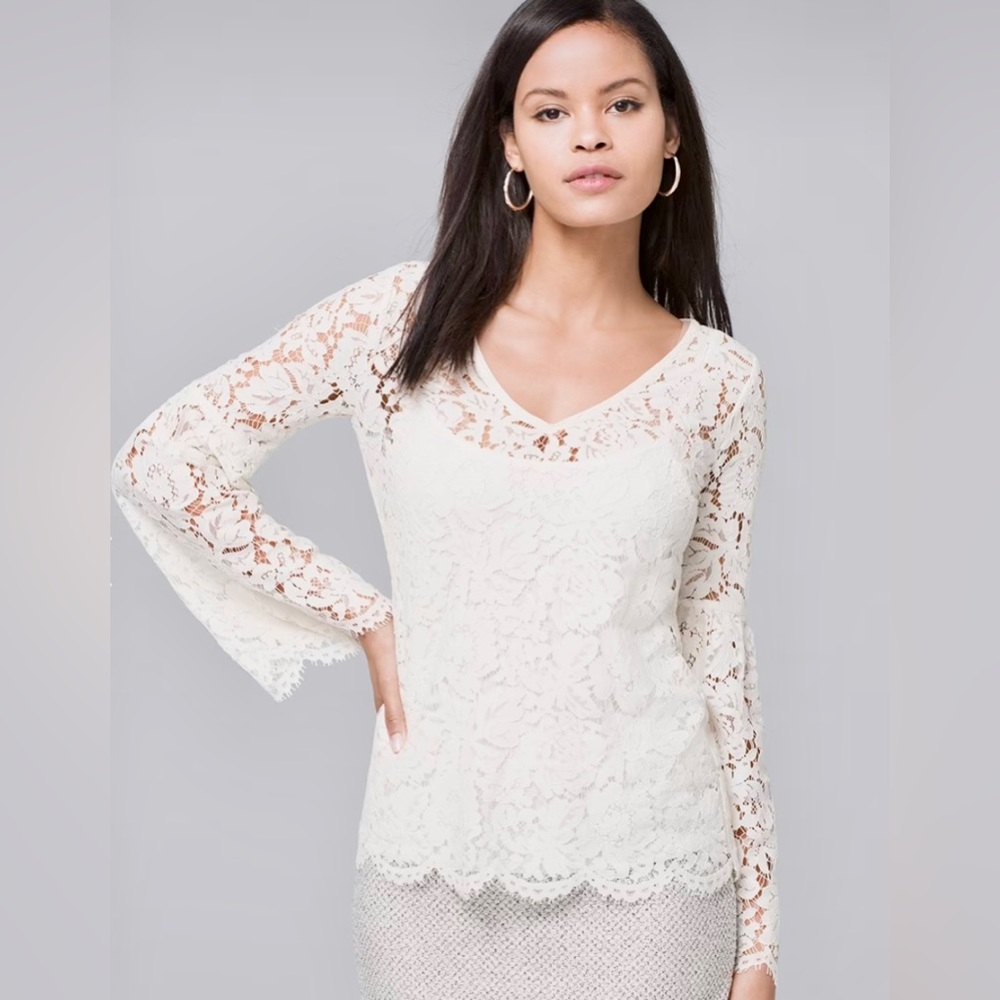 WHBM V-Neck Long Sleeve Lace Top Size Medium